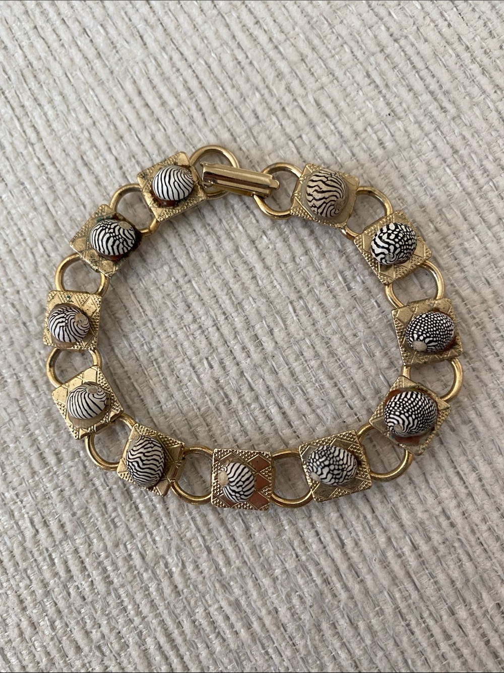 Gold-Tone Black & White Patterned Link Bracelet